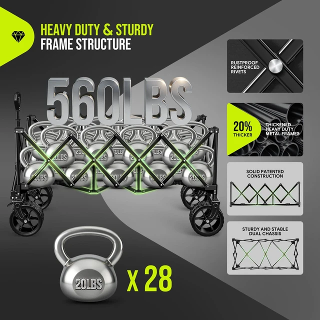 Alt view image 4 of 7 - 48'' Extra Large Collapsible Wagon with Big Wheels, 300L Black | 560LBS Heavy Duty, Wagons Carts Foldable, All-Terrain, Brakes, Folding Cart, Utility for Beach/Camping/Garden/Sports/Grocery