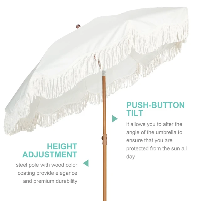 Alt view image 2 of 7 - Boho Fringe Umbrella, 6.5ft Outdoor Umbrella with Tassel | Boho Chic Style, UPF 50+ Sun Protection, Steel Pole, Push Button Tilt, Easy to Set Up, for Party Picnic Beach, Antique White