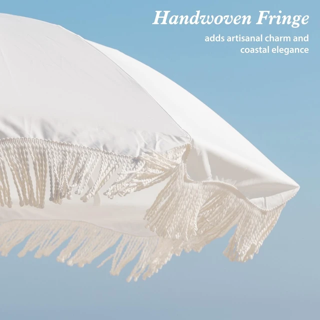 Alt view image 3 of 7 - Boho Fringe Umbrella, 6.5ft Outdoor Umbrella with Tassel | Boho Chic Style, UPF 50+ Sun Protection, Steel Pole, Push Button Tilt, Easy to Set Up, for Party Picnic Beach, Antique White