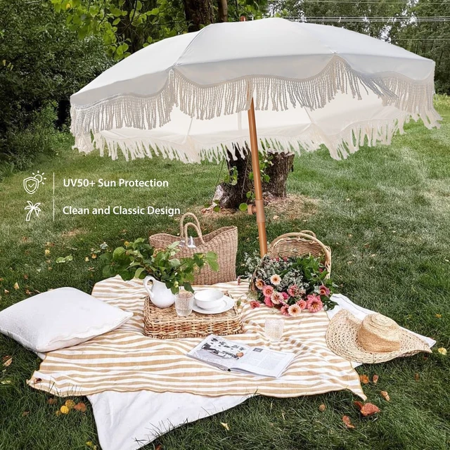 Alt view image 4 of 7 - Boho Fringe Umbrella, 6.5ft Outdoor Umbrella with Tassel | Boho Chic Style, UPF 50+ Sun Protection, Steel Pole, Push Button Tilt, Easy to Set Up, for Party Picnic Beach, Antique White