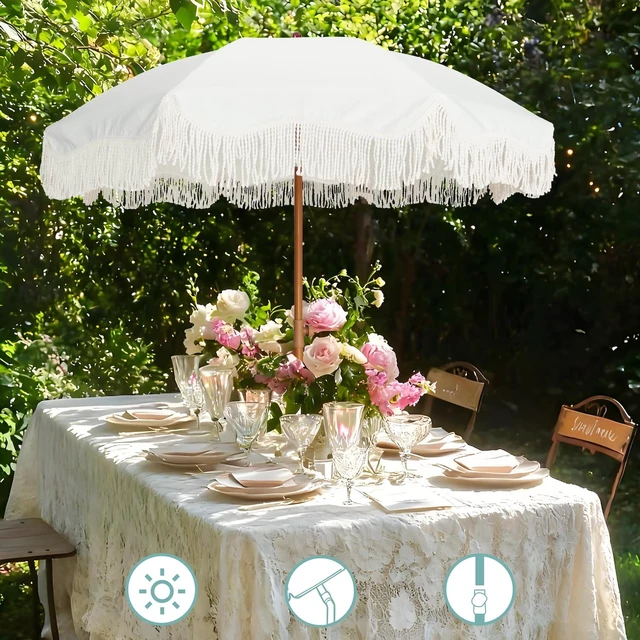 Alt view image 5 of 7 - Boho Fringe Umbrella, 6.5ft Outdoor Umbrella with Tassel | Boho Chic Style, UPF 50+ Sun Protection, Steel Pole, Push Button Tilt, Easy to Set Up, for Party Picnic Beach, Antique White