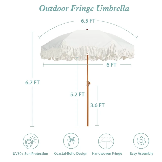 Alt view image 6 of 7 - Boho Fringe Umbrella, 6.5ft Outdoor Umbrella with Tassel | Boho Chic Style, UPF 50+ Sun Protection, Steel Pole, Push Button Tilt, Easy to Set Up, for Party Picnic Beach, Antique White