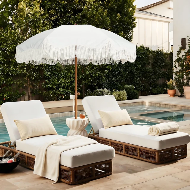Alt view image 7 of 7 - Boho Fringe Umbrella, 6.5ft Outdoor Umbrella with Tassel | Boho Chic Style, UPF 50+ Sun Protection, Steel Pole, Push Button Tilt, Easy to Set Up, for Party Picnic Beach, Antique White