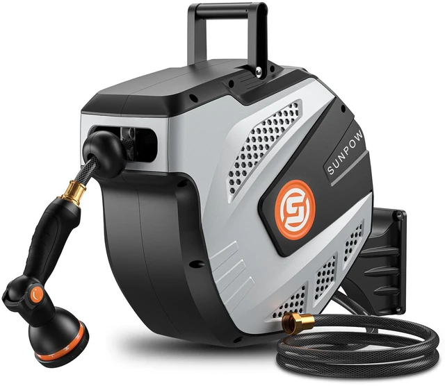 Main image of Retractable Garden Hose Reel - 1/2 inch x 50ft Heavy Duty Wall Mounted Hose Reel with 3/4 inch Brass Fitting & 10 Sprayer Nozzle - Any Length Lock, Auto Rewind System, 180°Swivel Bracket- Grey