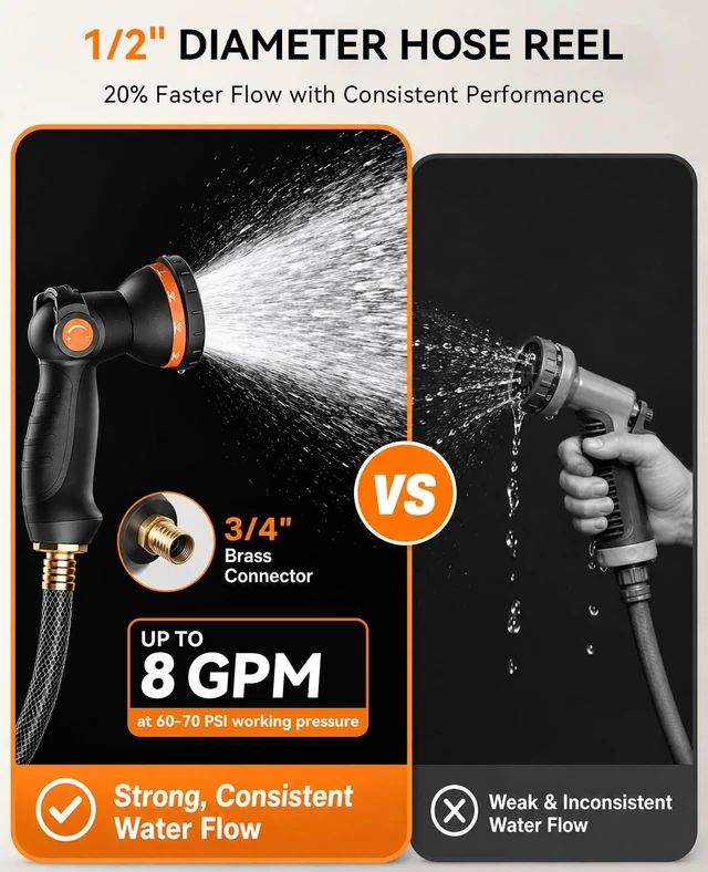 Alt view image 3 of 7 - Retractable Garden Hose Reel - 1/2 inch x 50ft Heavy Duty Wall Mounted Hose Reel with 3/4 inch Brass Fitting & 10 Sprayer Nozzle - Any Length Lock, Auto Rewind System, 180°Swivel Bracket- Grey