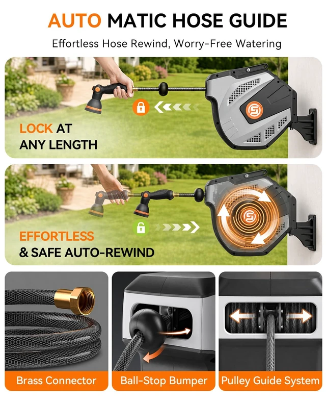 Alt view image 4 of 7 - Retractable Garden Hose Reel - 1/2 inch x 50ft Heavy Duty Wall Mounted Hose Reel with 3/4 inch Brass Fitting & 10 Sprayer Nozzle - Any Length Lock, Auto Rewind System, 180°Swivel Bracket- Grey
