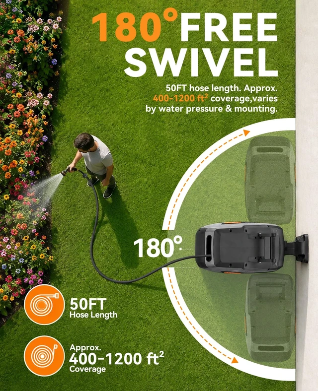 Alt view image 6 of 7 - Retractable Garden Hose Reel - 1/2 inch x 50ft Heavy Duty Wall Mounted Hose Reel with 3/4 inch Brass Fitting & 10 Sprayer Nozzle - Any Length Lock, Auto Rewind System, 180°Swivel Bracket- Grey