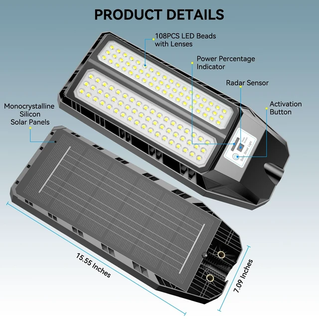 Alt view image 3 of 7 - 5000W Solar Street Lights Outdoor, 7000K Solar Light Outdoor, 2 Pack | IP67 Waterproof Street Light Dusk to Dawn, LED Wide Angle Flood Light with Motion Sensor and Remote Control for Parking Lot