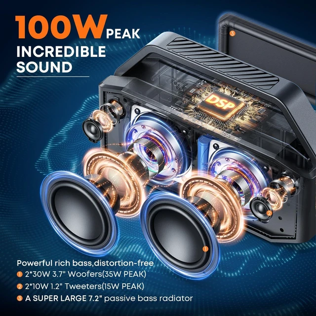 Alt view image 2 of 7 - Bluetooth Speaker, 100W Peak Outdoor Portable Loud Speakers Wireless | 108dB IPX7 Waterproof Floating Rugged Boombox, 60W Party Large Speaker Subwoofer, 7.2'' Deep Bass Radiator, 40H, EQ, TF, AUX