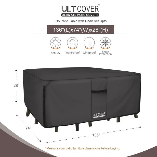Alt view image 2 of 7 - Waterproof Patio Furniture Cover 136L x 74W in, Black | Heavy Duty 600D Polyester, UV Resistant, Fits Rectangular & Oval Outdoor Dining Table Set