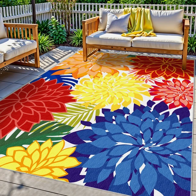 Main image of Outdoor Rug Waterproof, Washable Patio Rug for Deck, 5x8, Colorful | UV Resistant Chenille Fabric, Stain Resistant, Non Slip, Tropical Camping Carpet for Porch, Backyard