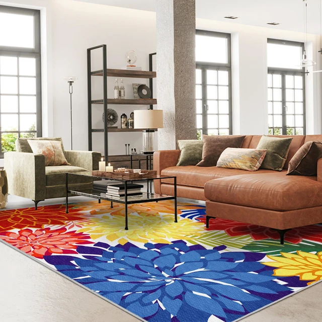 Alt view image 2 of 7 - Outdoor Rug Waterproof, Washable Patio Rug for Deck, 5x8, Colorful | UV Resistant Chenille Fabric, Stain Resistant, Non Slip, Tropical Camping Carpet for Porch, Backyard