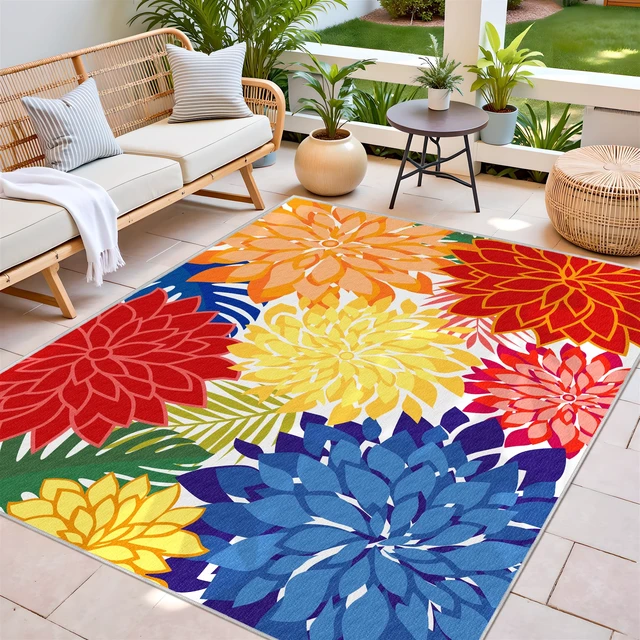 Alt view image 3 of 7 - Outdoor Rug Waterproof, Washable Patio Rug for Deck, 5x8, Colorful | UV Resistant Chenille Fabric, Stain Resistant, Non Slip, Tropical Camping Carpet for Porch, Backyard