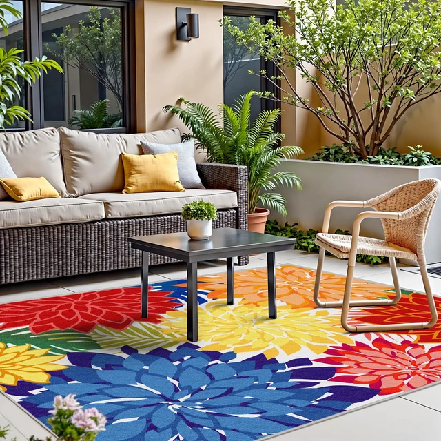 Alt view image 5 of 7 - Outdoor Rug Waterproof, Washable Patio Rug for Deck, 5x8, Colorful | UV Resistant Chenille Fabric, Stain Resistant, Non Slip, Tropical Camping Carpet for Porch, Backyard