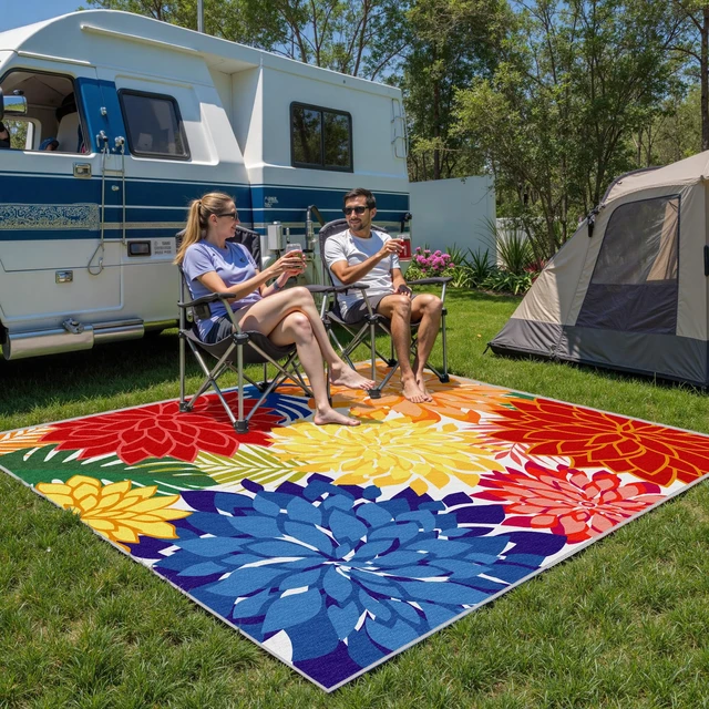 Alt view image 6 of 7 - Outdoor Rug Waterproof, Washable Patio Rug for Deck, 5x8, Colorful | UV Resistant Chenille Fabric, Stain Resistant, Non Slip, Tropical Camping Carpet for Porch, Backyard