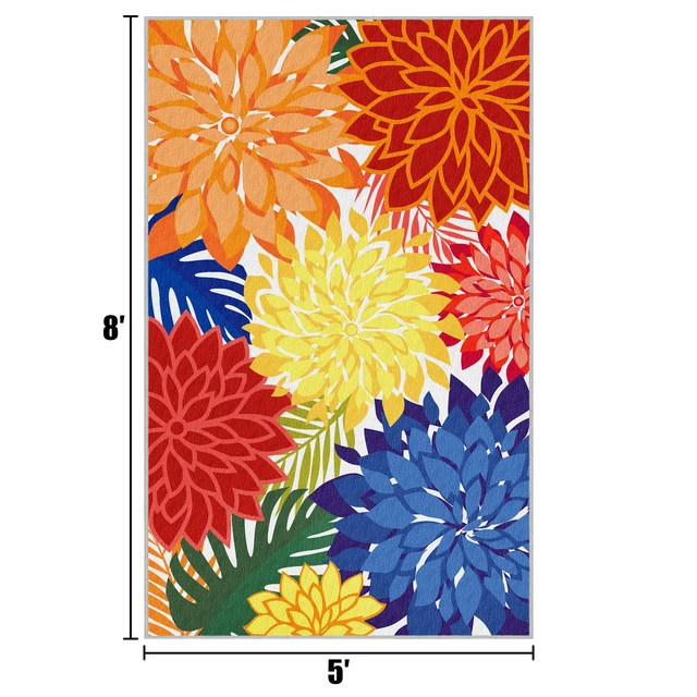 Alt view image 7 of 7 - Outdoor Rug Waterproof, Washable Patio Rug for Deck, 5x8, Colorful | UV Resistant Chenille Fabric, Stain Resistant, Non Slip, Tropical Camping Carpet for Porch, Backyard