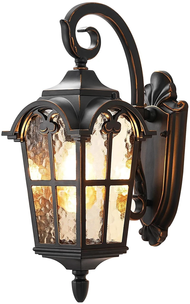 Main image of 17.7" Outdoor Wall Lights, Black Roman Waterproof Porch Lantern | Water Ripple Glass Shade, Anti-Rust Metal Frame, E26 Base, Outside Porch Light for House, Garage