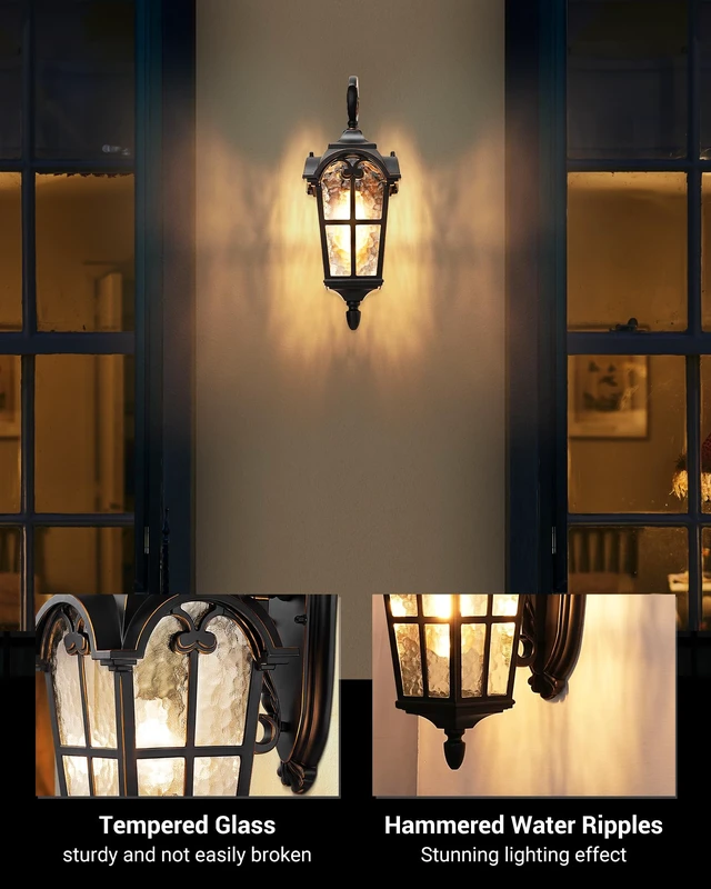 Alt view image 3 of 7 - 17.7" Outdoor Wall Lights, Black Roman Waterproof Porch Lantern | Water Ripple Glass Shade, Anti-Rust Metal Frame, E26 Base, Outside Porch Light for House, Garage