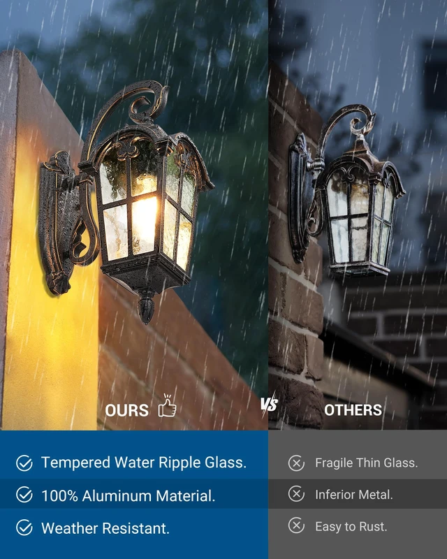 Alt view image 2 of 7 - 17.7" Outdoor Wall Lights, Black Roman Waterproof Porch Lantern | Water Ripple Glass Shade, Anti-Rust Metal Frame, E26 Base, Outside Porch Light for House, Garage
