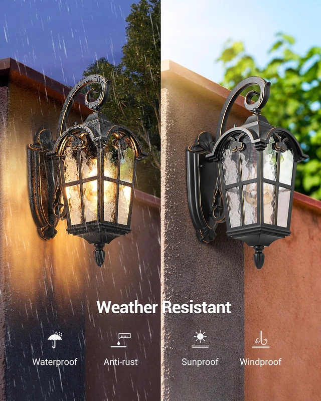 Alt view image 5 of 7 - 17.7" Outdoor Wall Lights, Black Roman Waterproof Porch Lantern | Water Ripple Glass Shade, Anti-Rust Metal Frame, E26 Base, Outside Porch Light for House, Garage