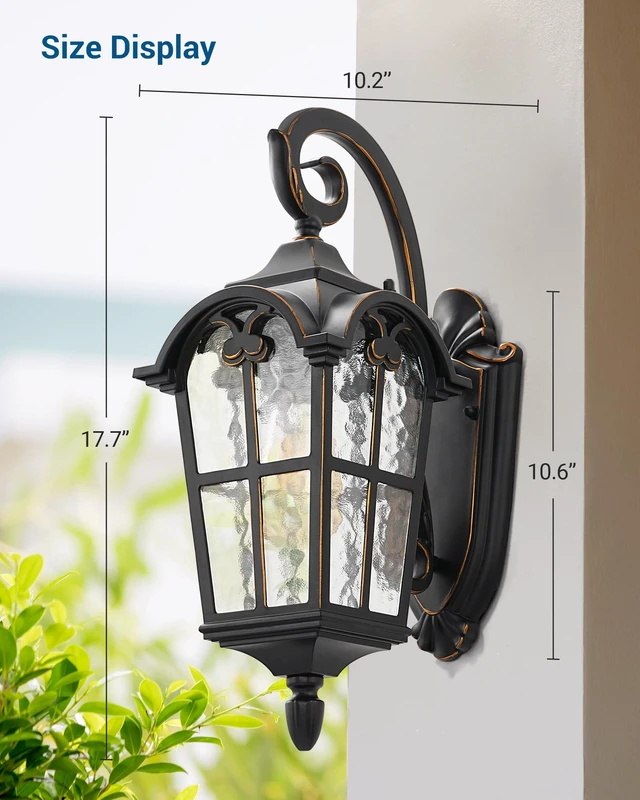Alt view image 7 of 7 - 17.7" Outdoor Wall Lights, Black Roman Waterproof Porch Lantern | Water Ripple Glass Shade, Anti-Rust Metal Frame, E26 Base, Outside Porch Light for House, Garage