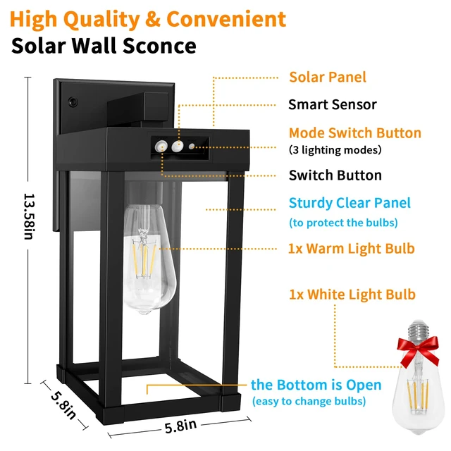 Alt view image 5 of 7 - Solar Wall Lights Outdoor with 3 Lighting Modes & Motion Sensor, Solar Porch Light with 2 Bulbs, Waterproof Outdoor Wall Sconce Lantern Lamp Fixture for Garage Porch Shed Barn Yard Garden Front Door