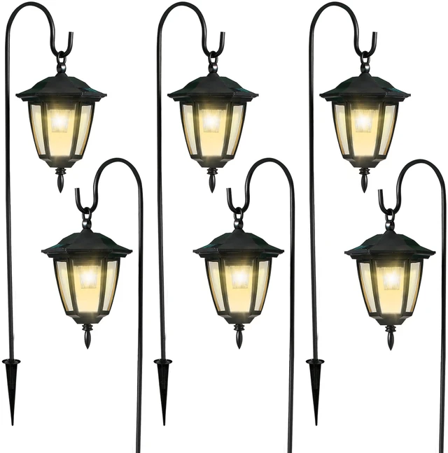 Main image of 6 Pack Solar Hanging Lights Outdoor, Solar Powered Garden Decorative Lanterns with 6 x 38 Inch Shepherd Hooks, Waterproof Landscape Lighting for Lawn Patio Yard Pathway Driveway, Warm White