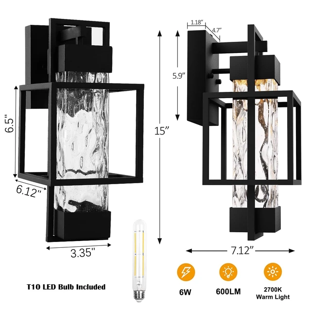 Alt view image 3 of 7 - Modern Outdoor Light Fixtures Dusk to Dawn Outdoor Lighting 2 Pack, 15" Exterior Wall Sconce Waterproof Porch Light, Outside Light for House with Water Glass for Garage Doorway