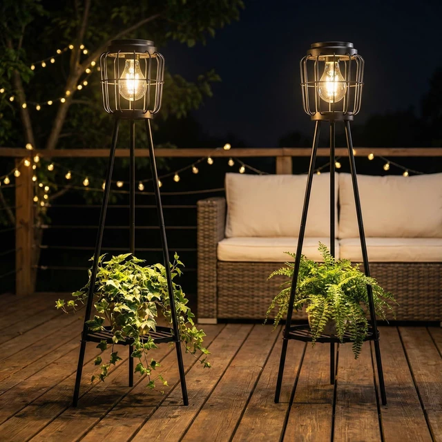Main image of 2 Pack Solar Lights with Plant Stand, Outdoor Floor Lamp, Waterproof Solar LED Edison Bulb Floor Lamps for Patio Porch Deck Yard Garden Decor