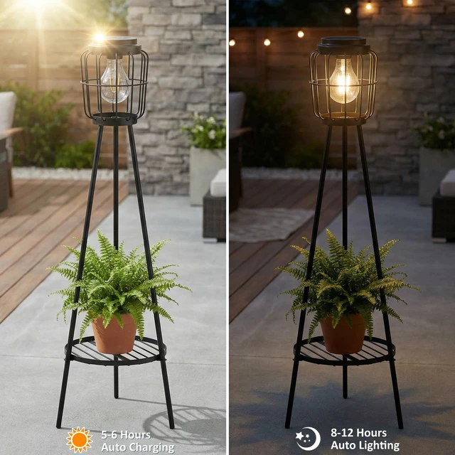 Alt view image 2 of 7 - 2 Pack Solar Lights with Plant Stand, Outdoor Floor Lamp, Waterproof Solar LED Edison Bulb Floor Lamps for Patio Porch Deck Yard Garden Decor