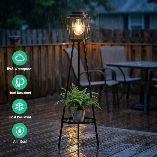 Alt view image 4 of 7 - 2 Pack Solar Lights with Plant Stand, Outdoor Floor Lamp, Waterproof Solar LED Edison Bulb Floor Lamps for Patio Porch Deck Yard Garden Decor