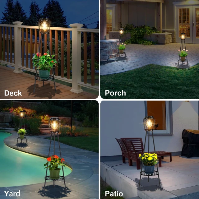 Alt view image 7 of 7 - 2 Pack Solar Lights with Plant Stand, Outdoor Floor Lamp, Waterproof Solar LED Edison Bulb Floor Lamps for Patio Porch Deck Yard Garden Decor