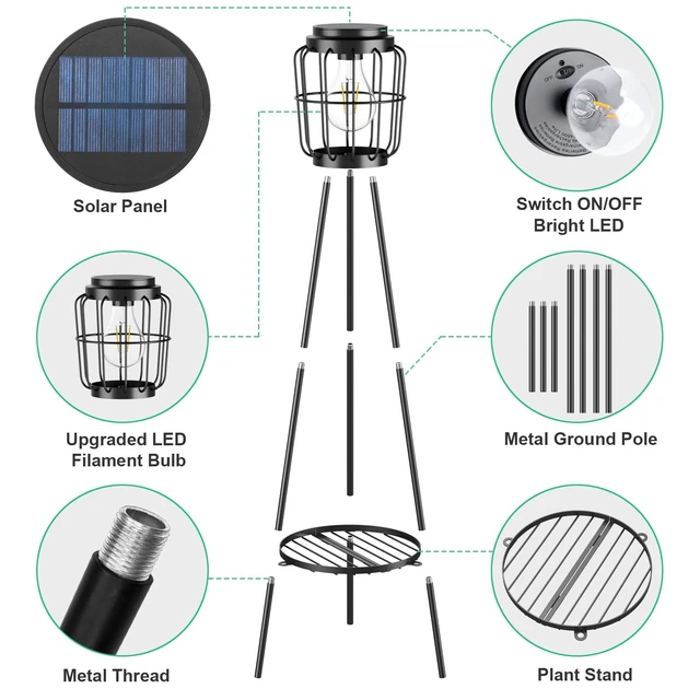 Alt view image 6 of 7 - 2 Pack Solar Lights with Plant Stand, Outdoor Floor Lamp, Waterproof Solar LED Edison Bulb Floor Lamps for Patio Porch Deck Yard Garden Decor