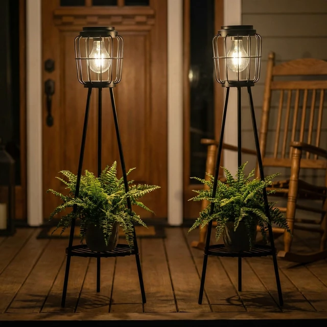 Alt view image 5 of 7 - 2 Pack Solar Lights with Plant Stand, Outdoor Floor Lamp, Waterproof Solar LED Edison Bulb Floor Lamps for Patio Porch Deck Yard Garden Decor