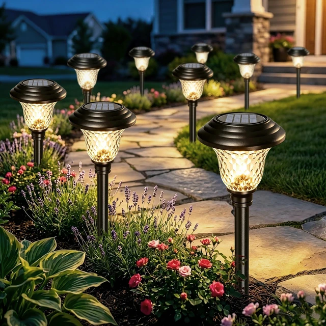 Main image of 8 Pack Solar Pathway Lights White+Color Changing Stainless Steel 3 Mode Outdoor Multicolor Metal Solar Powered Waterproof Glass for Garden Landscape Path Yard Walkway Driveway Black