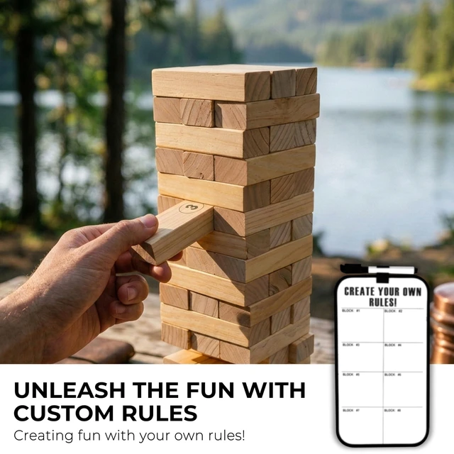 Alt view image 3 of 5 - Outdoor Games Large Tumble Tower 54 Wood Blocks Stacking Game, 5 FT Tall | Numbered Blocks with Dry-Erase Rules Board & Carry Bag, Outdoor Backyard Lawn Games for Family Adults, Camping, Tailgating