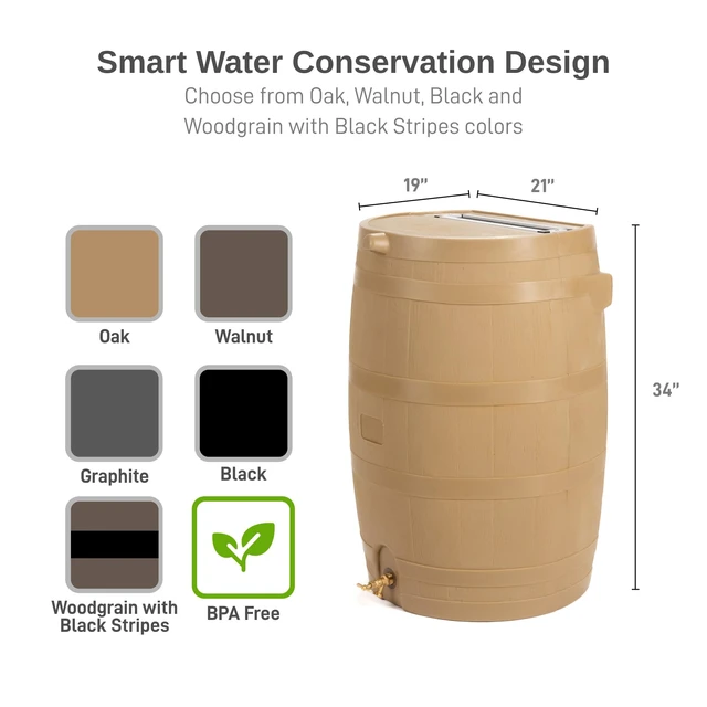 Alt view image 3 of 7 - 50-Gallon Rain Water Collection Barrel with Brass Spigot, Oak Color