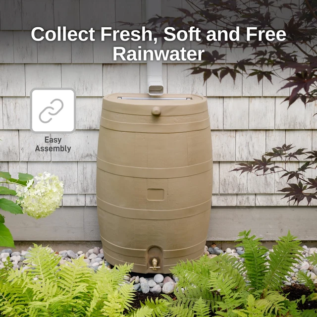 Alt view image 7 of 7 - 50-Gallon Rain Water Collection Barrel with Brass Spigot, Oak Color