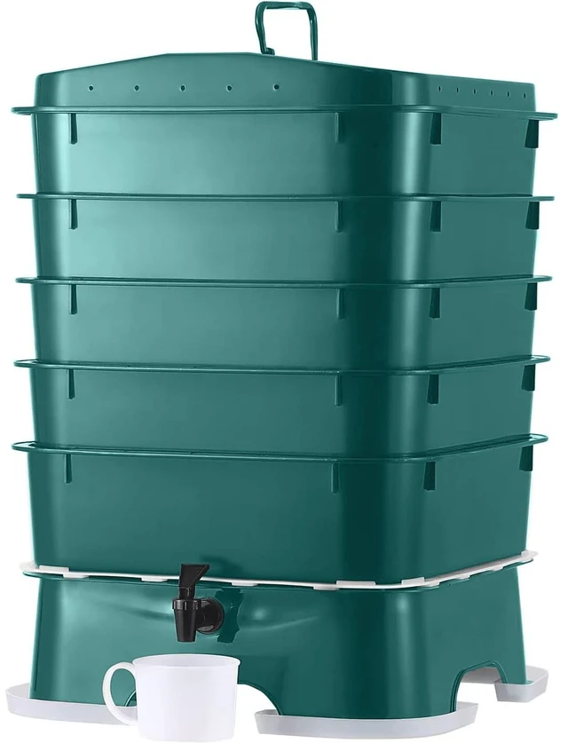 Main image of The Original Plus 5-Tray Worm Compost Bin Indoor & Outdoor Vermicomposting System, Continuous Flow Food Waste Recycler for Organic Composting & Gardening - Dark Green