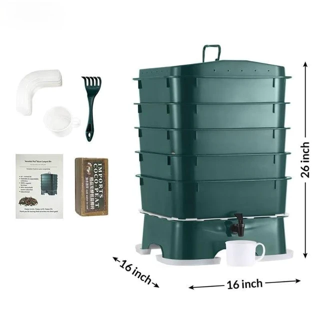 Alt view image 2 of 7 - The Original Plus 5-Tray Worm Compost Bin Indoor & Outdoor Vermicomposting System, Continuous Flow Food Waste Recycler for Organic Composting & Gardening - Dark Green
