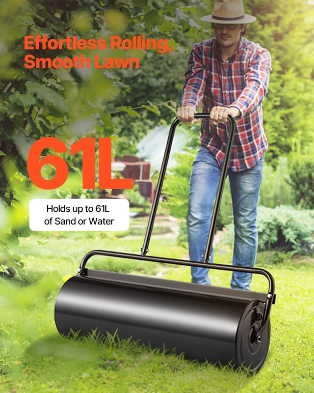 Alt view image 2 of 7 - Lawn Roller, 61L Sand or Water Filled Yard Roller, with Easy-Turn Plug and U-Shaped Ergonomic Handle for Convenient Push and Pull, Level and Compress Soil for Lawn, Garden, Farm, Park, Black