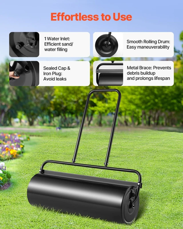 Alt view image 5 of 7 - Lawn Roller, 61L Sand or Water Filled Yard Roller, with Easy-Turn Plug and U-Shaped Ergonomic Handle for Convenient Push and Pull, Level and Compress Soil for Lawn, Garden, Farm, Park, Black