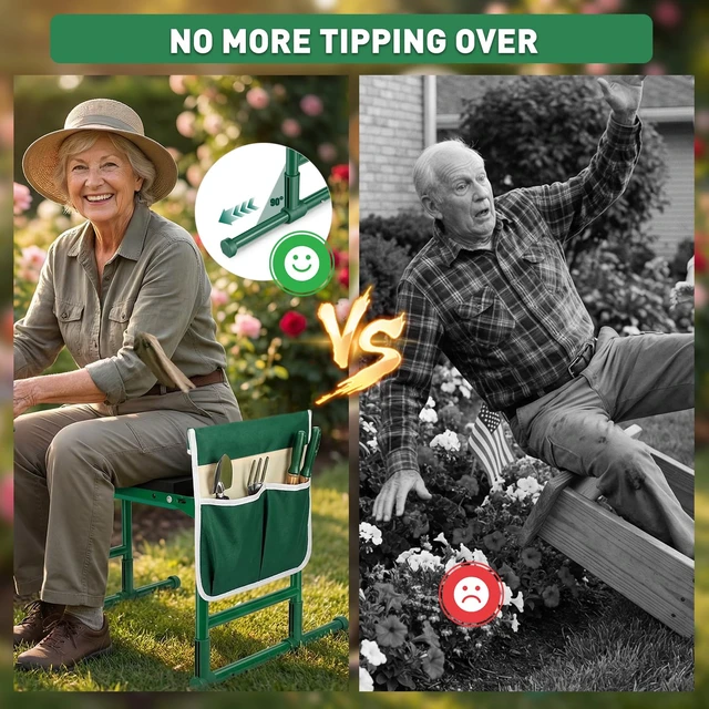 Alt view image 2 of 7 - Garden Kneeler and Seat for Seniors Heavy Duty Anti-Tip Gardening Stool | Foldable Garden Bench with Widened Thick Soft Kneeling Pad, Sturdy Handles, Gardening Gifts for Women Men Mom (Green)