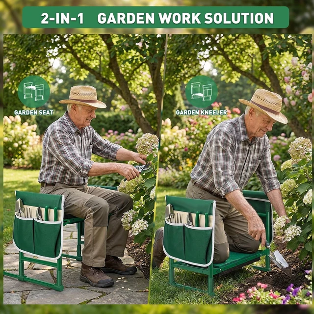Alt view image 3 of 7 - Garden Kneeler and Seat for Seniors Heavy Duty Anti-Tip Gardening Stool | Foldable Garden Bench with Widened Thick Soft Kneeling Pad, Sturdy Handles, Gardening Gifts for Women Men Mom (Green)