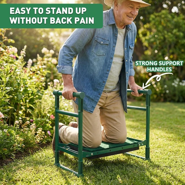 Alt view image 4 of 7 - Garden Kneeler and Seat for Seniors Heavy Duty Anti-Tip Gardening Stool | Foldable Garden Bench with Widened Thick Soft Kneeling Pad, Sturdy Handles, Gardening Gifts for Women Men Mom (Green)
