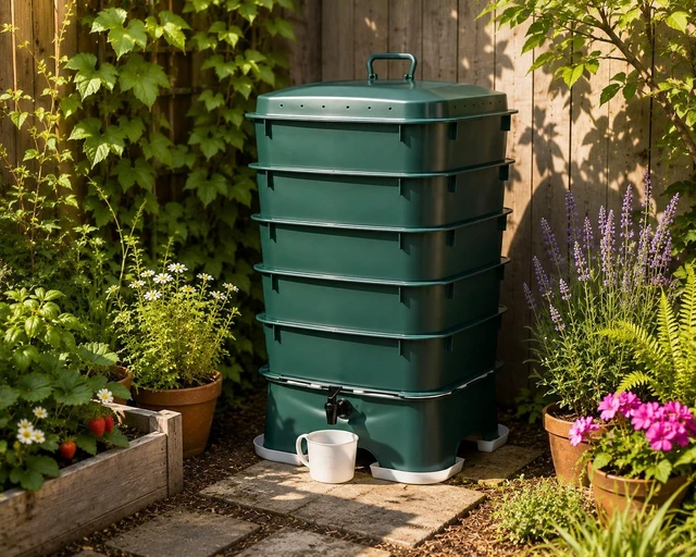 Alt view image 7 of 7 - The Original Plus 5-Tray Worm Compost Bin Indoor & Outdoor Vermicomposting System, Continuous Flow Food Waste Recycler for Organic Composting & Gardening - Dark Green