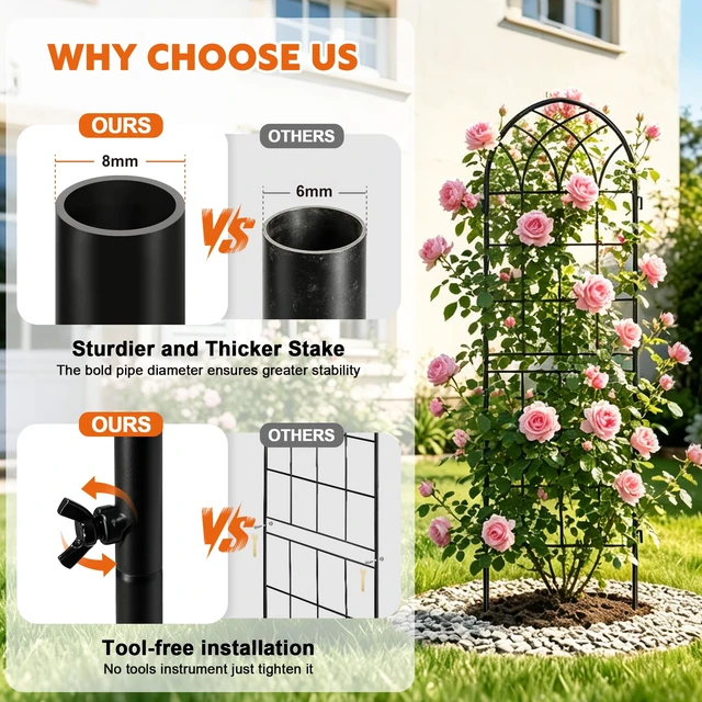 Alt view image 4 of 7 - 71 x 80in Rustic Iron Arch Decoration Garden Trellis with Black Metal Coating Perfect for Supporting Climbing Plants Outdoor, Roses, Vines, Flowers, and Vegetables.