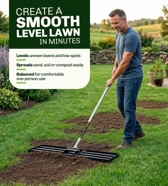 Alt view image 2 of 7 - Lawn Leveling Rake, 48" x 10", Heavy Duty Steel Lawn Leveler | 2mm reinforced steel resists bending. Powder-coated rust protection. Easy 3-piece assembly. Lifetime replacement guarantee.