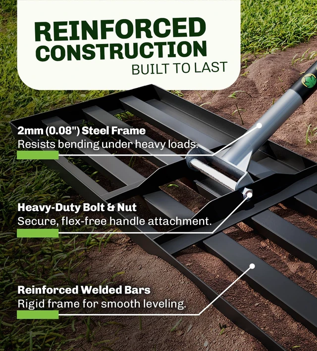 Alt view image 5 of 7 - Lawn Leveling Rake, 48" x 10", Heavy Duty Steel Lawn Leveler | 2mm reinforced steel resists bending. Powder-coated rust protection. Easy 3-piece assembly. Lifetime replacement guarantee.