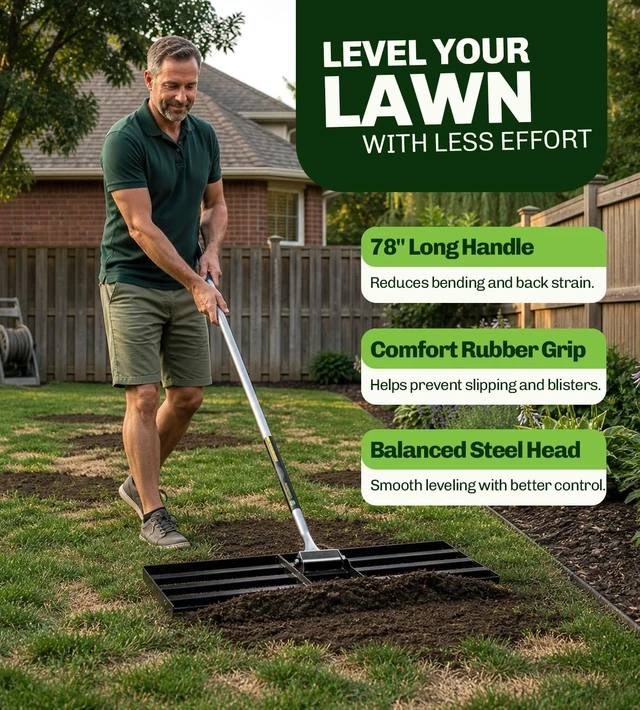 Alt view image 6 of 7 - Lawn Leveling Rake, 48" x 10", Heavy Duty Steel Lawn Leveler | 2mm reinforced steel resists bending. Powder-coated rust protection. Easy 3-piece assembly. Lifetime replacement guarantee.